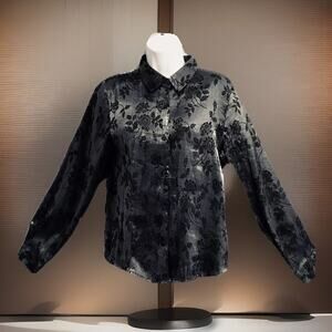 KATHIE LEE Blouse Womens M Semi Sheer BLACK-PEWTER  ROSE FLORAL SHIMMERING L/SLV